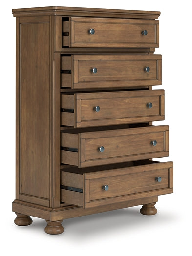 Feddinger California King Storage Sleigh Bed with Mirrored Dresser and Chest
