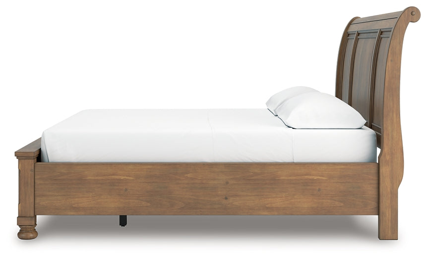 Feddinger California King Storage Sleigh Bed with Mirrored Dresser and Chest