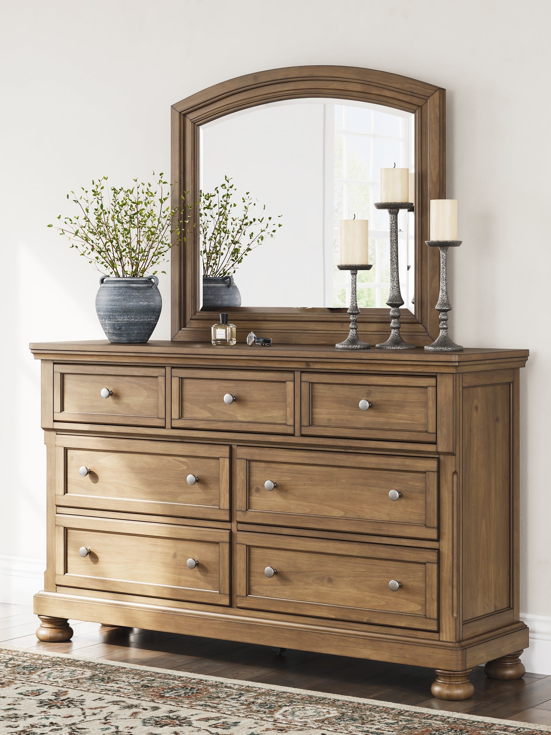 Feddinger California King Storage Sleigh Bed with Mirrored Dresser and Chest