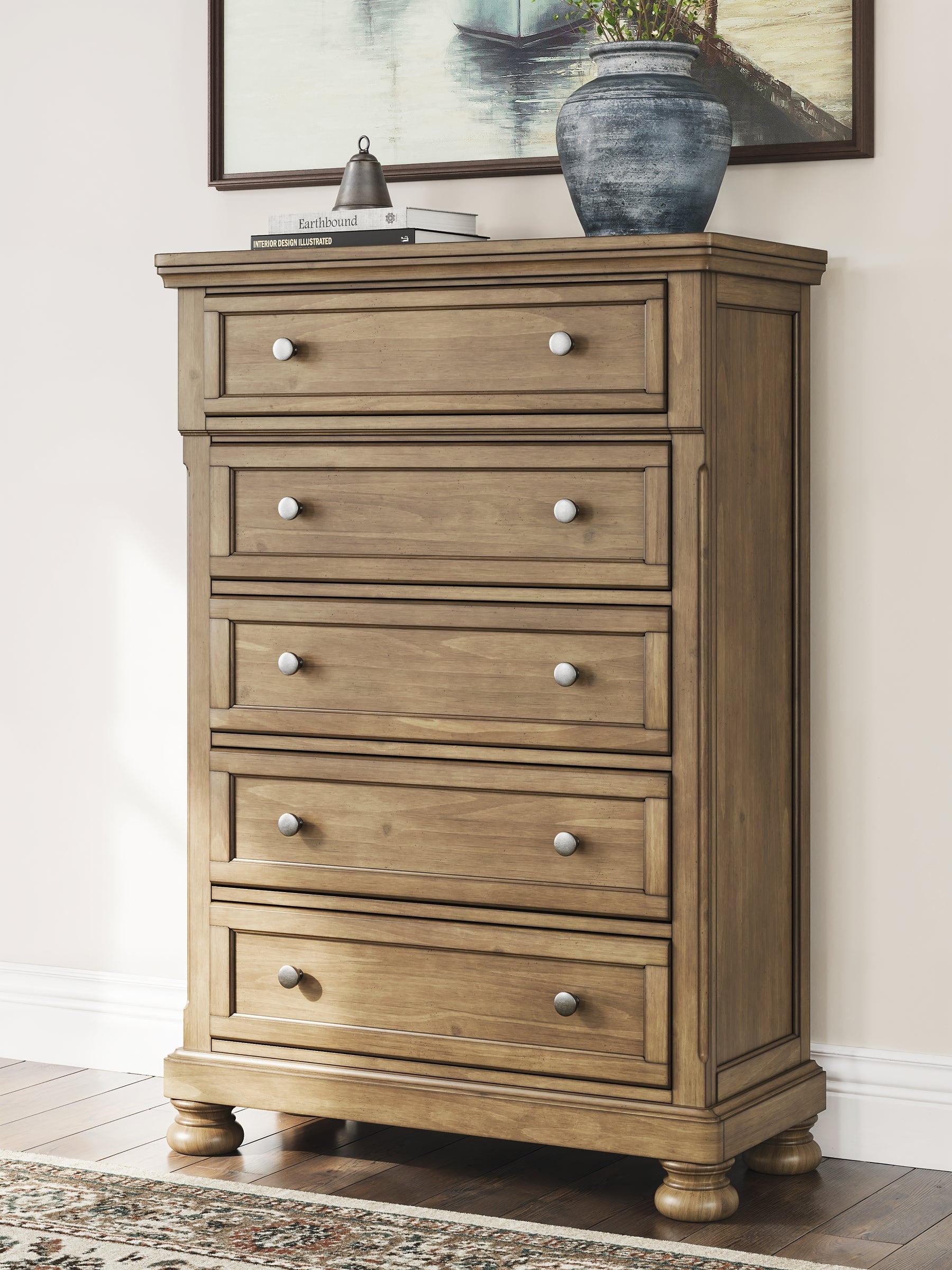 Feddinger California King Storage Sleigh Bed with Mirrored Dresser and Chest