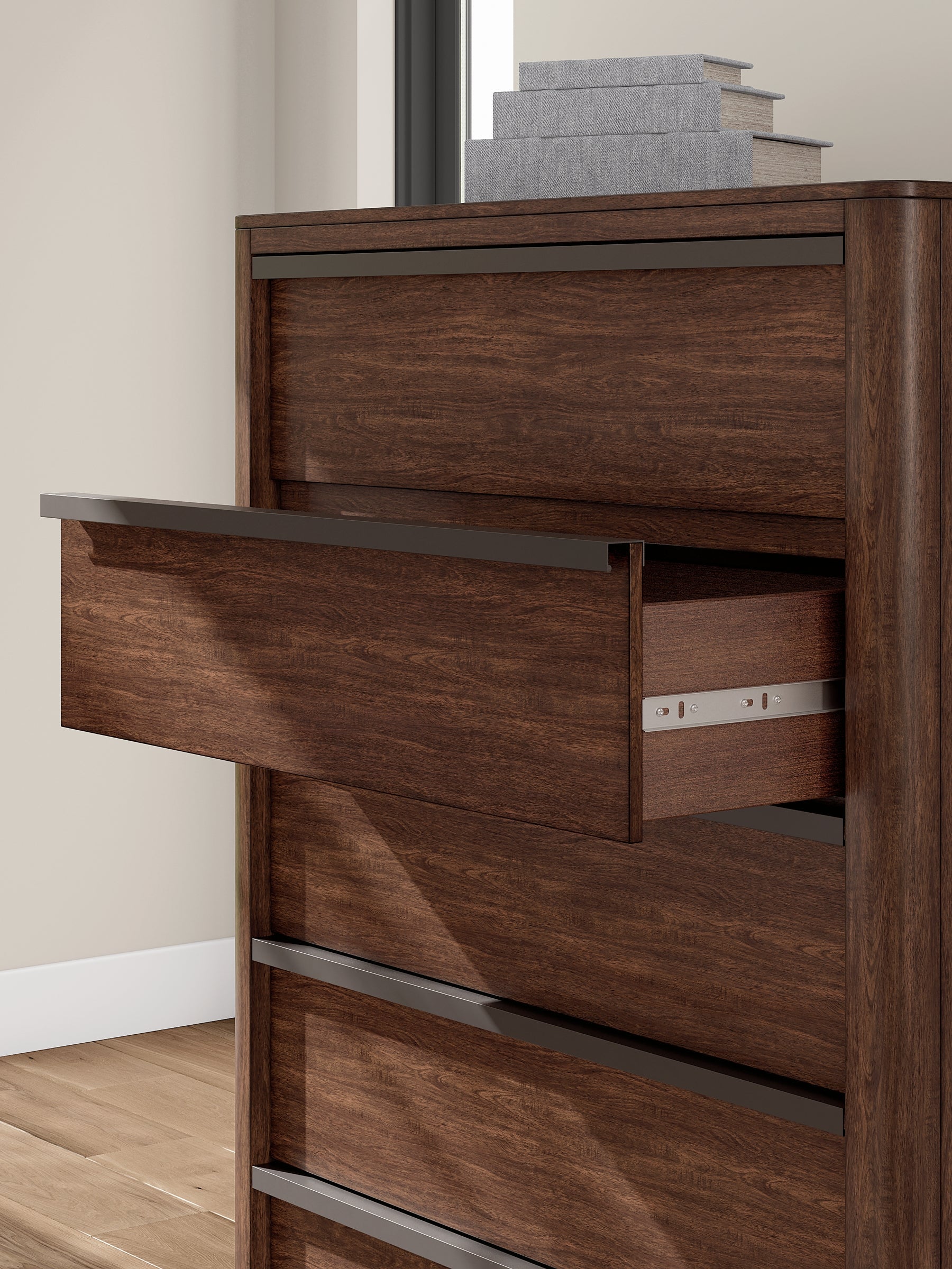 Dilenno King Canopy Bed with Mirrored Dresser, Chest and Nightstand