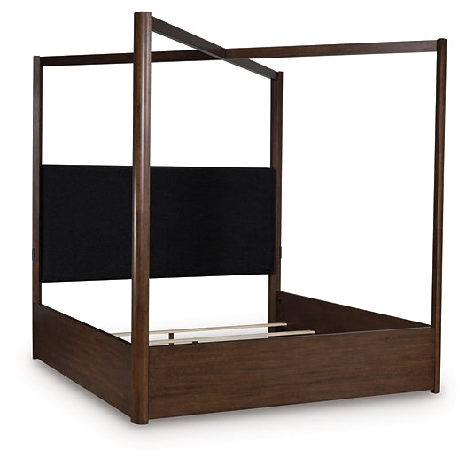 Dilenno King Canopy Bed with Mirrored Dresser and Nightstand