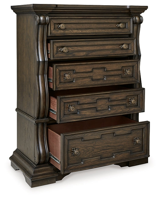Maylee California King Upholstered Bed with Mirrored Dresser and Chest