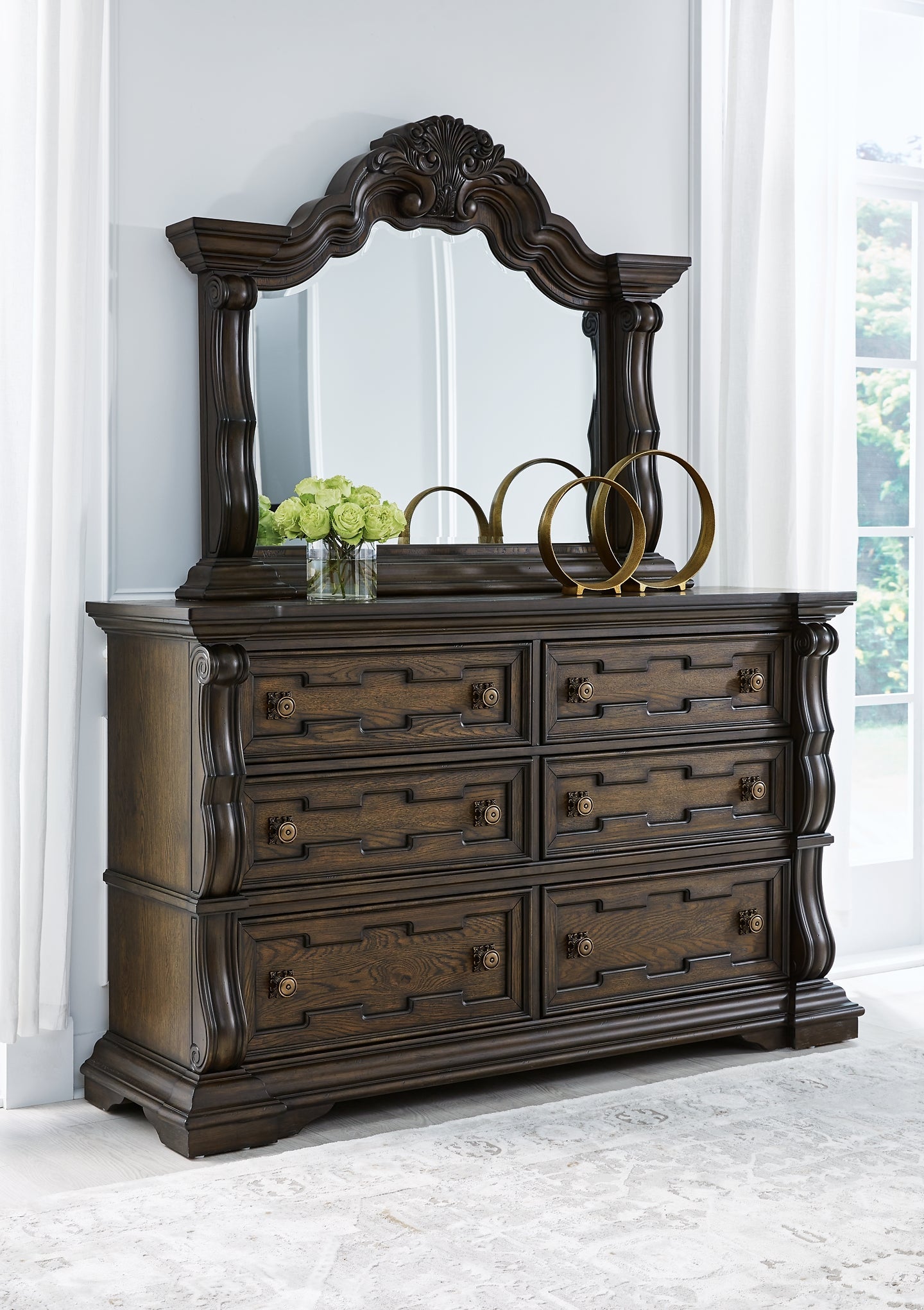 Maylee California King Upholstered Bed with Mirrored Dresser and Chest