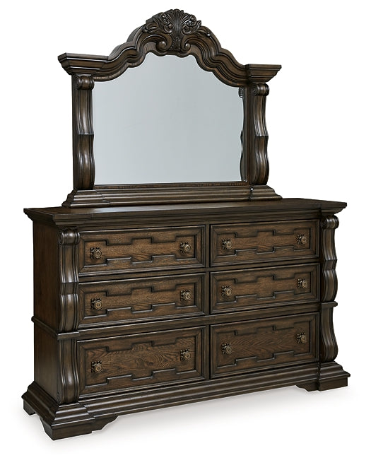 Maylee King Upholstered Bed with Mirrored Dresser and Chest