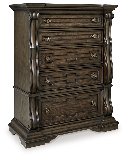 Maylee Queen Upholstered Bed with Mirrored Dresser, Chest and Nightstand