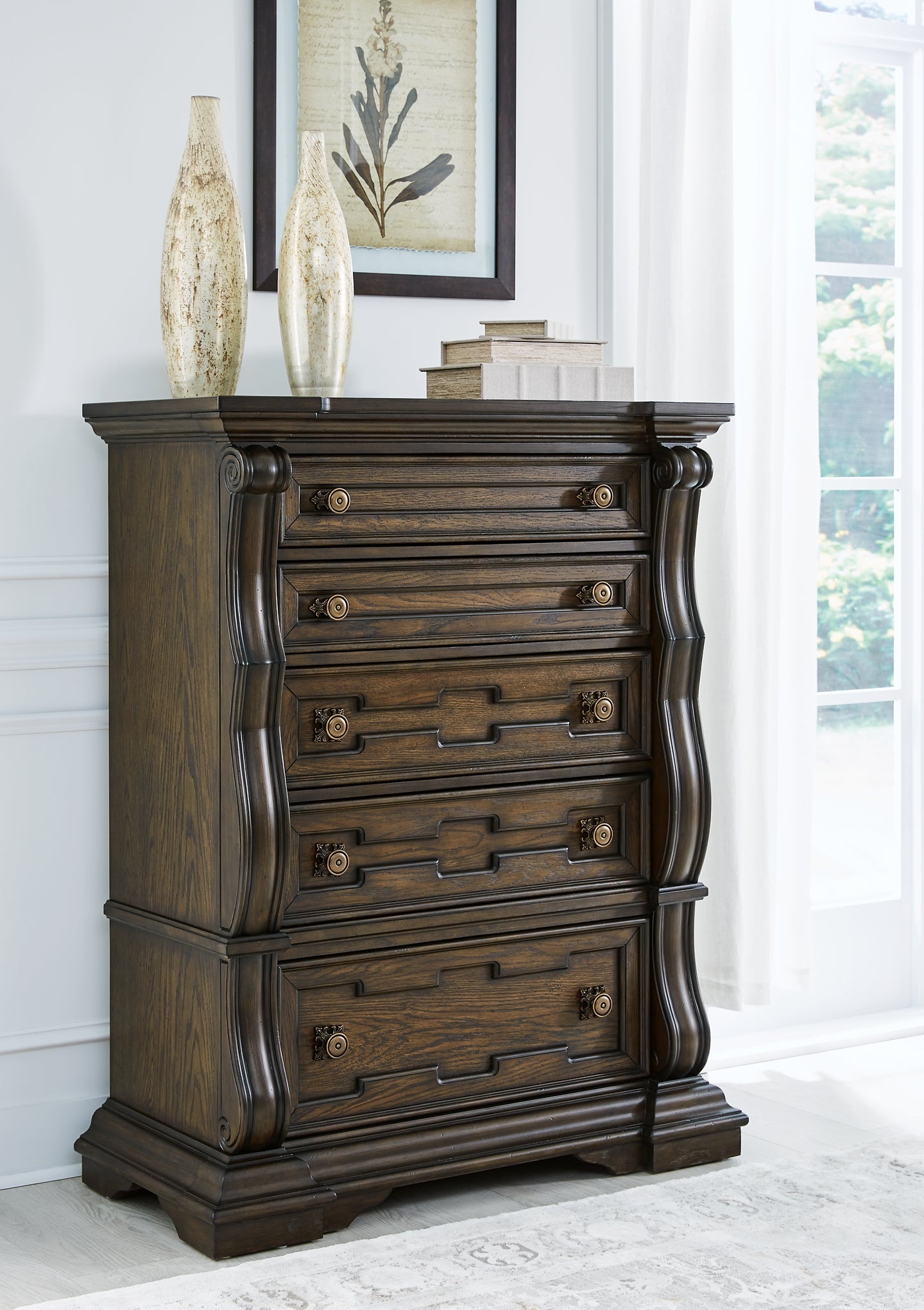 Maylee Queen Upholstered Bed with Mirrored Dresser, Chest and Nightstand