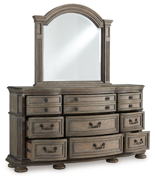 Ardenfield California King Upholstered Sleigh Bed with Mirrored Dresser and Nightstand
