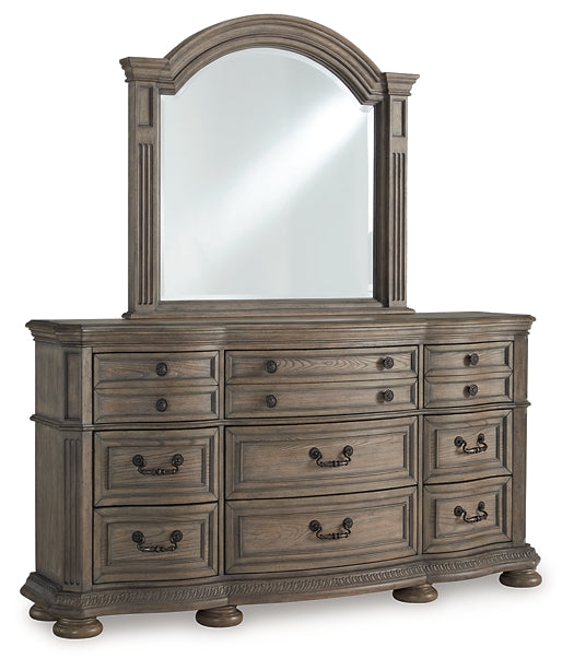 Ardenfield Queen Upholstered Sleigh Bed with Mirrored Dresser and Nightstand