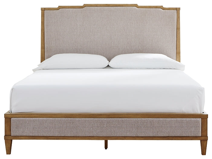 Sharlance King Upholstered Panel Bed with Mirrored Dresser and Chest
