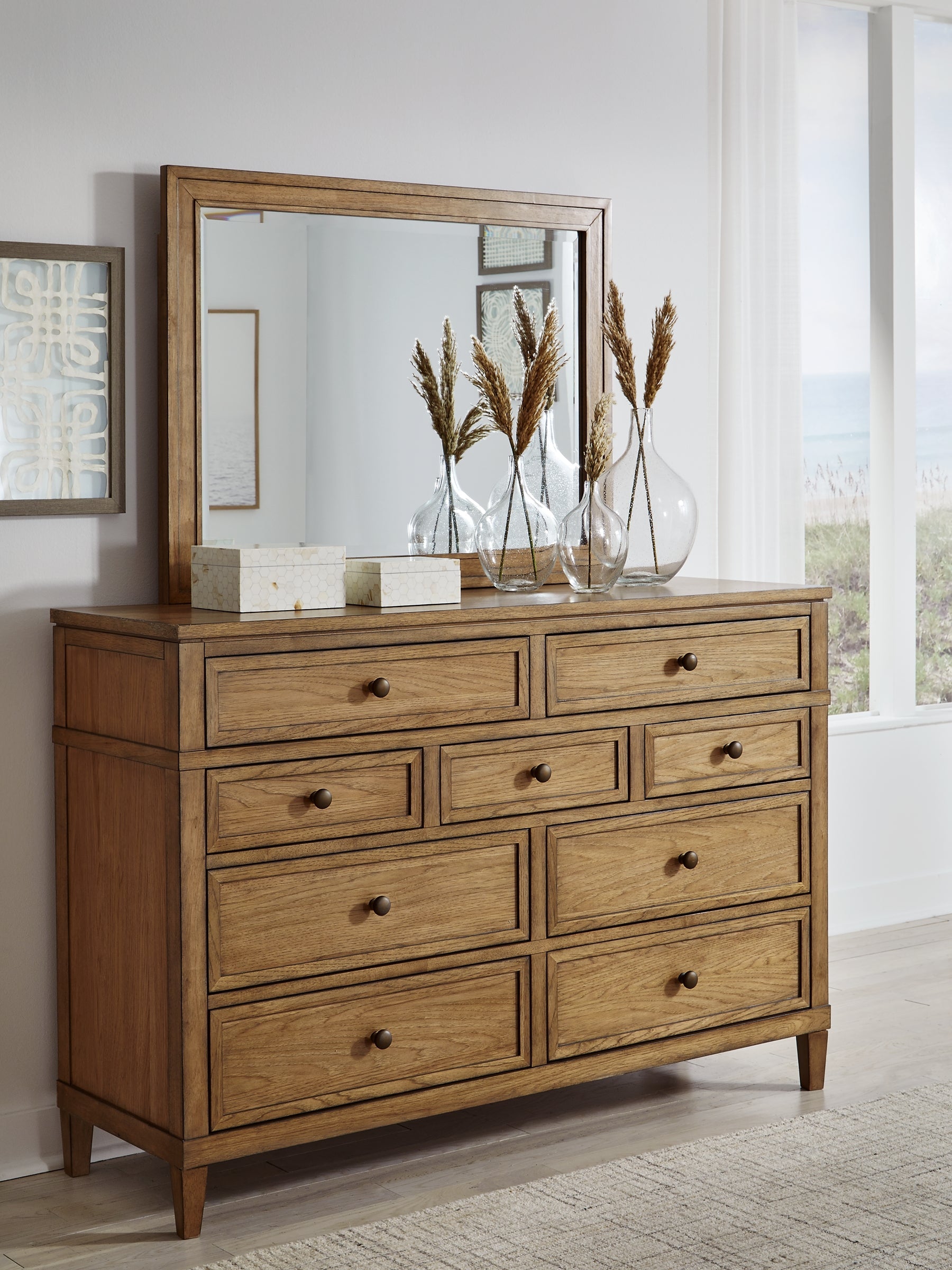 Sharlance Queen Upholstered Panel Bed with Mirrored Dresser and Chest