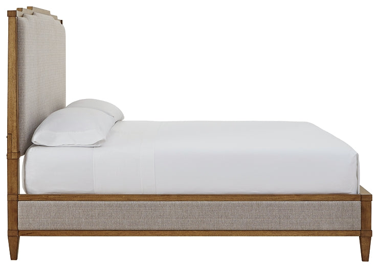 Sharlance King Upholstered Panel Bed with Mirrored Dresser and Chest